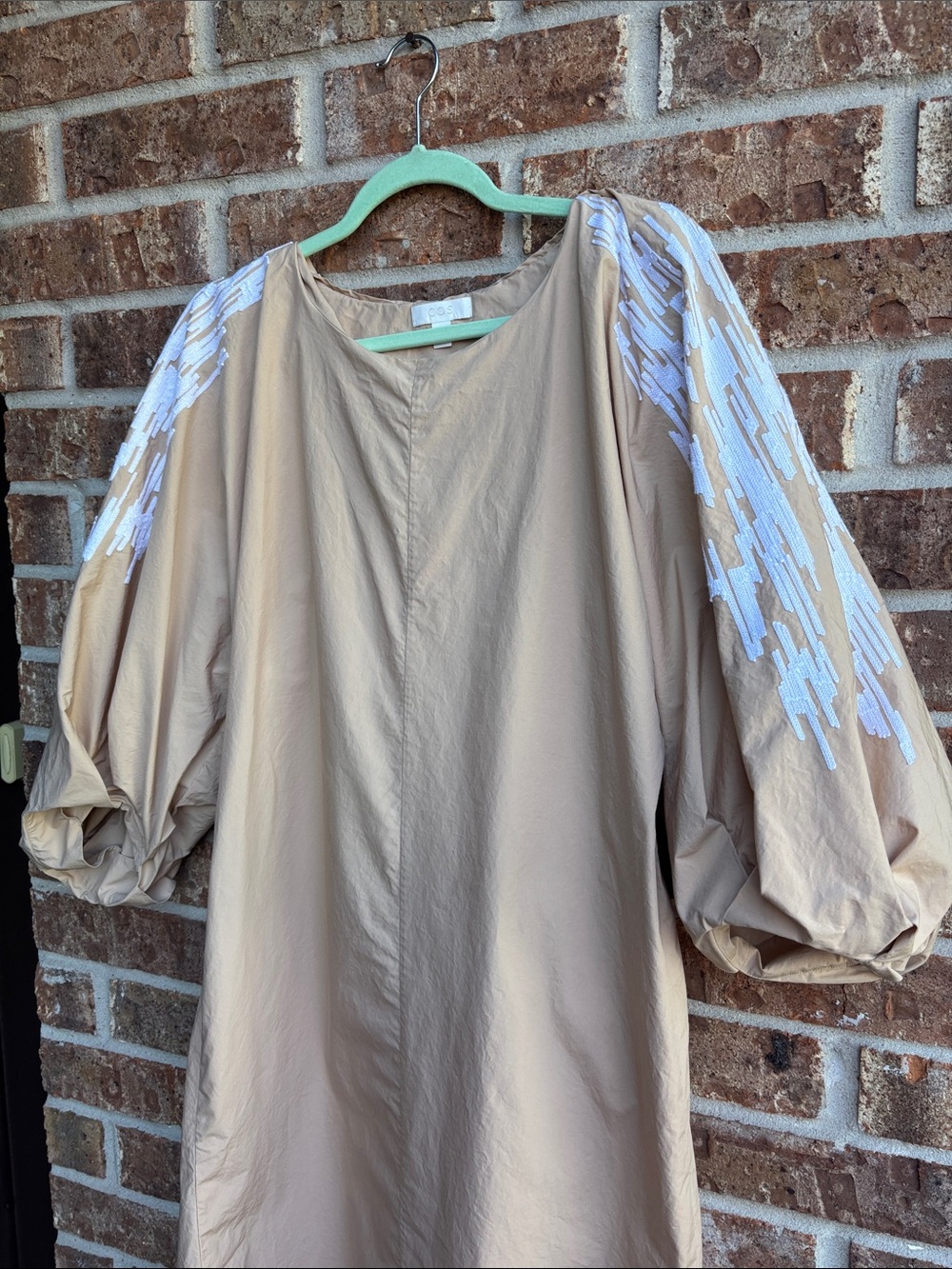 COS Beige puff Sleeve Midi Dress with White Embroidered Shoulders - Picture 2 of 11